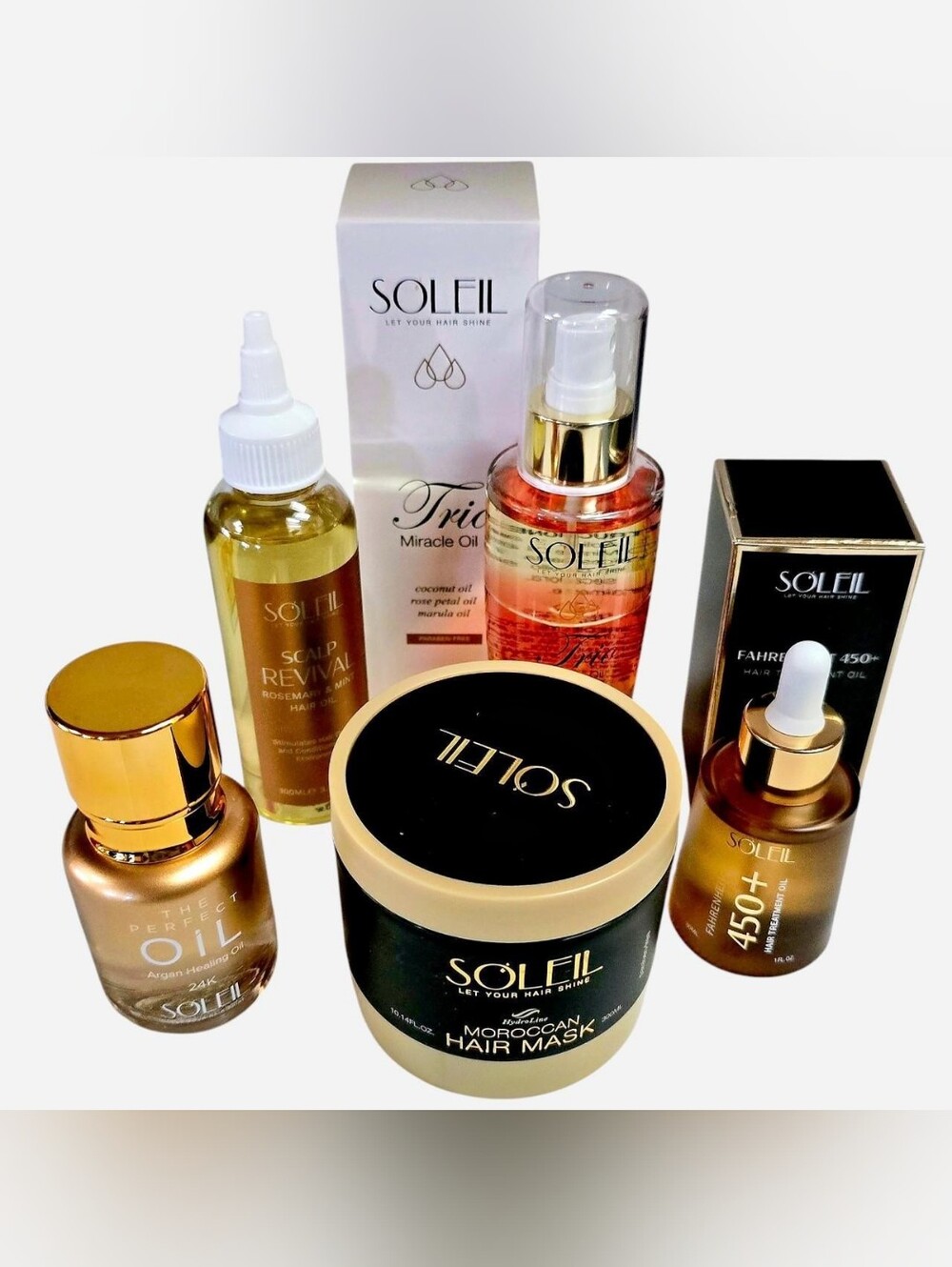 SOLEIL Hair Care 5-Piece Bundle: Moroccan Hair Mask & Scalp Revival Set in Gold